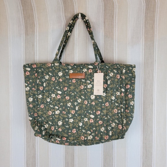 NEW Laura Ashley Floral Quilted Tote Bag Oversized Green Pink - Picture 1 of 8